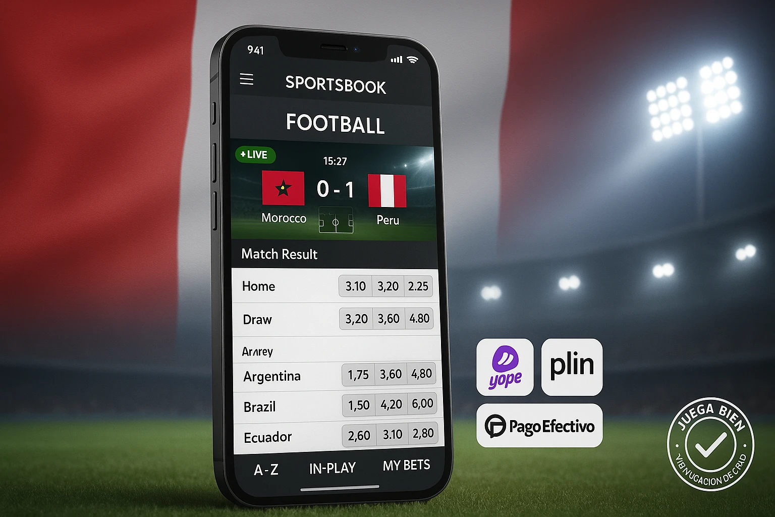 Banner principal de apuestas de fútbol en Perú con Retabet: cuotas decimales, apuestas en vivo, KYC y juego responsable, con métodos de pago Yape, Plin y PagoEfectivo.