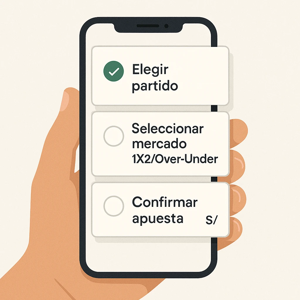 Guía visual para hacer tu primera apuesta de fútbol en Retabet Perú: elegir partido, mercado (1X2/Over-Under) y confirmar en Soles (PEN).
