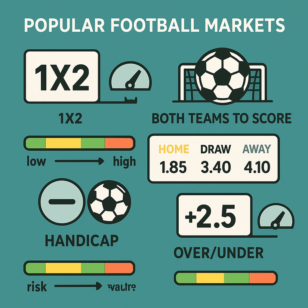 Mercados populares de fútbol en Retabet Perú (1X2, ambos marcan, hándicap, over/under) con indicador de riesgo y ejemplos de cuotas decimales.