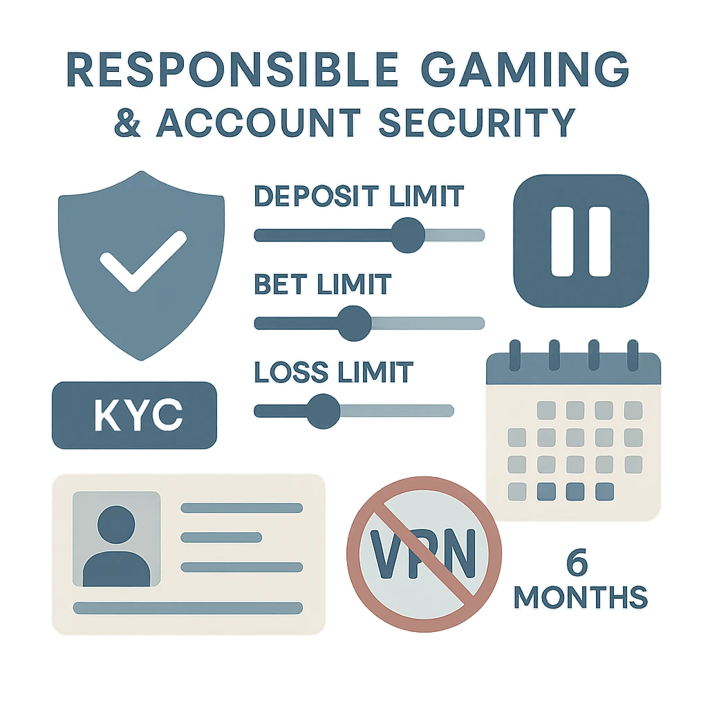 Juego responsable en Retabet Perú: límites de depósito/apuesta/pérdida, pausa y autoexclusión, verificación KYC y aviso de que no se permite VPN.